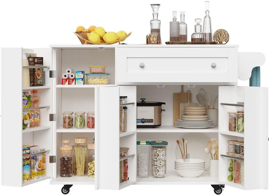 Merax Keukenwagen Met Wieltjes – Opvouwbare Serveerwagen Met Klaptafel – Met Laden Kastjes En Snackrek – Wit – 105x40-60x83 cm