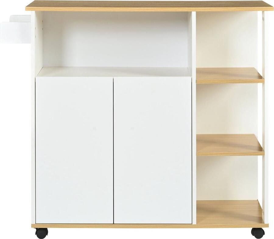 Merax Keukenwagen op Wielen Modern Minimalistisch Keukenkast met 360° Roteerbare Wieltjes Wit