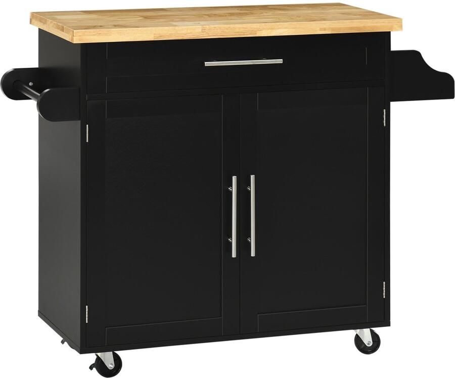 Merax HOMCOM Keukenwagen Met Wieltjes – Zwarte Serveerwagen Met Werkblad – Met Lade Kast Kruidenrek En Handdoekhouder – 109x40x89 cm
