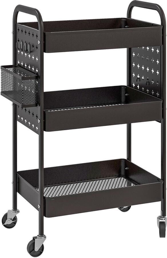 Merax Keukenwagen Op Wieltjes Met 3 Etages En Haken – Zwarte Stalen Opbergtrolley Met Mandjes – Rollende Bijzettafel Voor Keuken Badkamer Of Kantoor – 53.5x30.5x75 cm