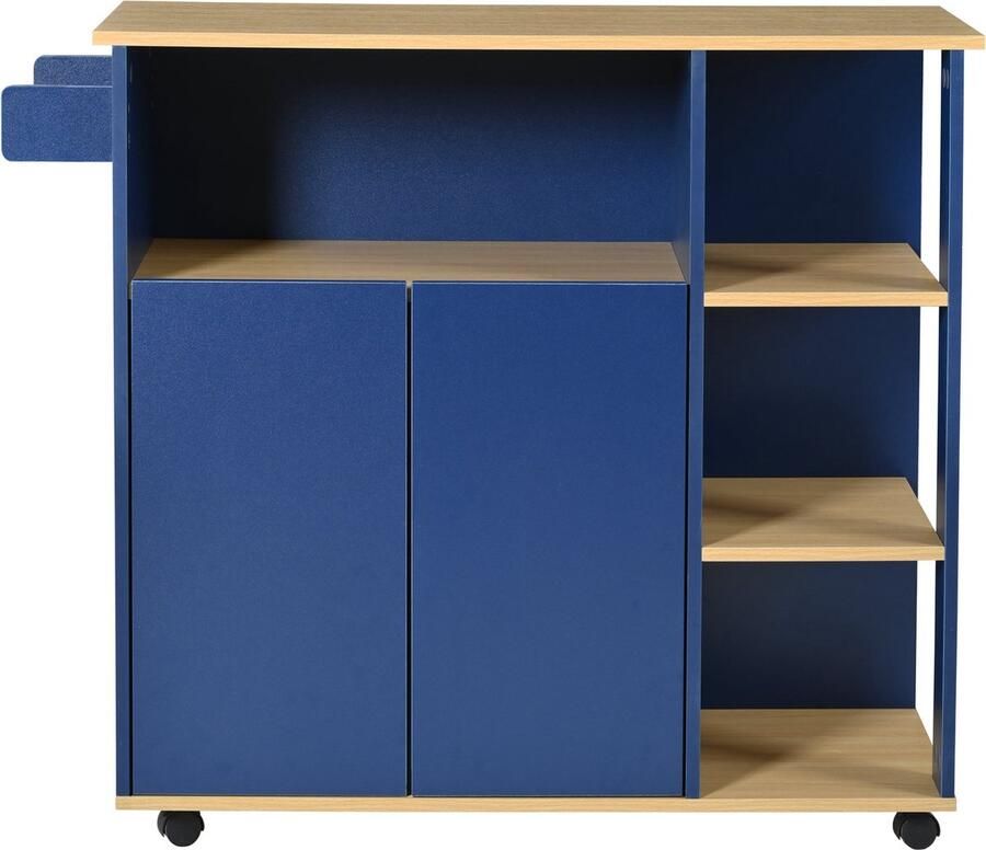 Merax Keukenwagen op Wieltjes Modern Minimalistisch Keukenkast Kast met 360° Roteerbare Wielen Marineblauw