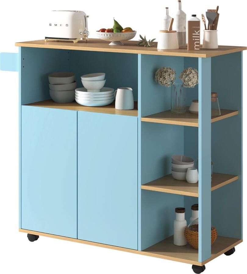 Merax Keukenwagen op Wieltjes Modern Minimalistisch Keukenkast met 360° Roteerbare Wielen Lichtblauw