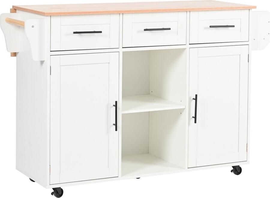 Merax Keukenwagen Servieskast met Uitklapbaar Tafelblad – 139x46(71)x91 5 cm – Kast met Wielen en Vaste Poten – Veel Opbergruimte en Moderne Stijl Wit met Hout Bruin