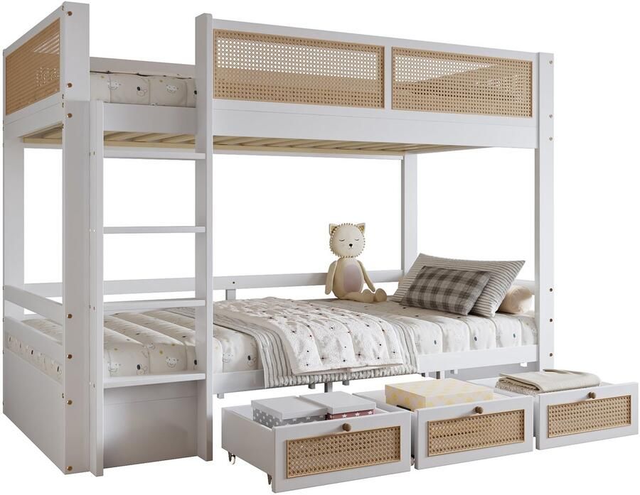 Merax Kinder Etagenbed 90×200 cm – Houten Bed met Rattan Design en Veilige Bedhekken – Drie Ladeblokken op Wieltjes – Inclusief Ladder – Wit Naturel – Zonder Matras