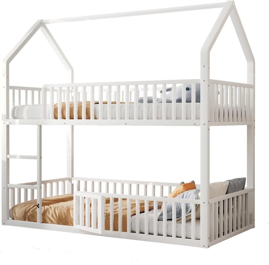 Merax Kinder Etagenbed 90x200 cm Metall Doppelbed Hausvorm Hoogslaper Ladder Deur Wit