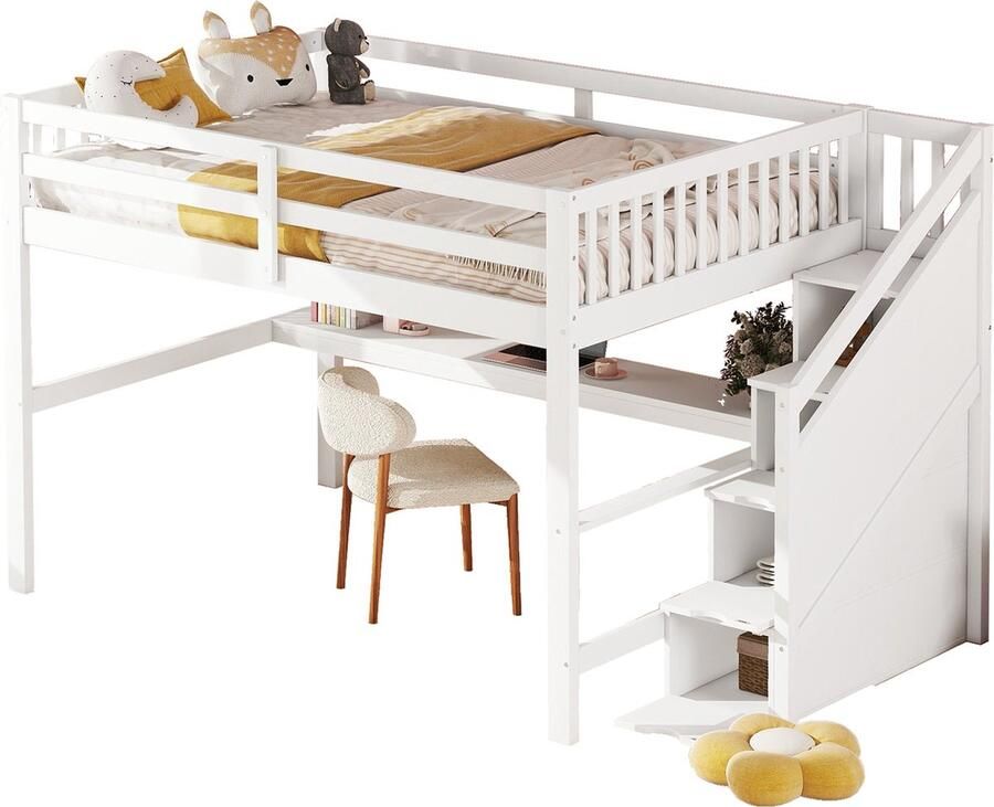 Merax Kinder Hoogslaper 140x200 cm met Bureau en Opberglades Wit Houten Loft Bed met Onderbed Bureau en Opslagruimte