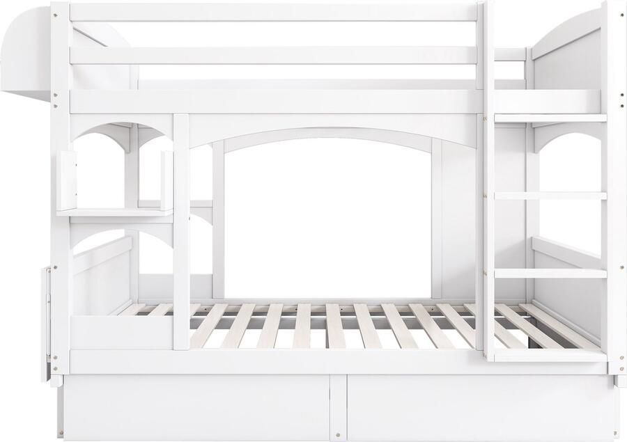 Merax Kinder Hoogslaper met Bureau 2 Lades en Ladder Multifunctioneel Kinderbed van Massief Hout Wit 90 x 200 cm