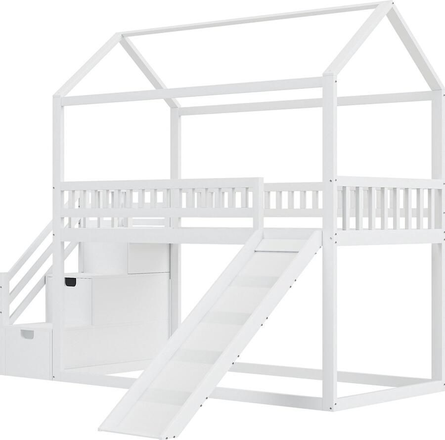 Merax Kinder Stapelbed 90x200 cm Hoogslaper met Glijbaan en Opbergleider Massief Houten Bedframe met Lattenbodem Wit
