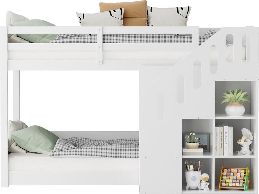Merax Kinder Stapelbed 90x200 cm Wit Etagenbed met Trap en Opbergruimte Multifunctioneel en Ruim Ontwerp
