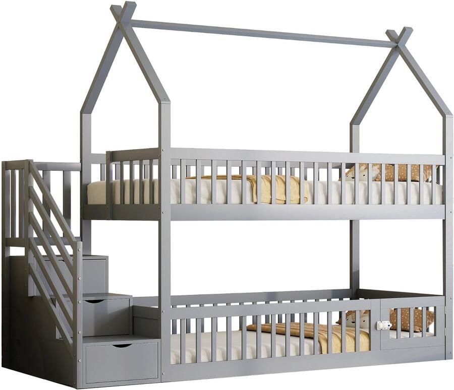 Merax Kinder Stapelbed 90x200 Massief Hout met Dak Veiligheidstrap met Lade Bed in Huisvorm Grijs