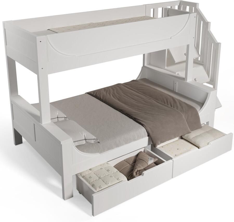 Merax Kinder Stapelbed met Leiterschrank en Schubladen Elegant Schlittenvorm Design Houten Bed met Randenbescherming en Lattenbodem Boven 90x200cm Onder 140x200cm Wit (Zonder Matras)