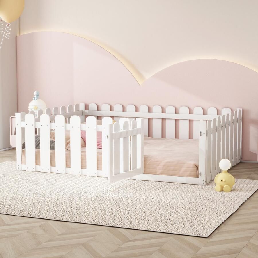 Merax Kinderbed 140 x 200 cm houten bedframe met rand en deur wit zonder matras