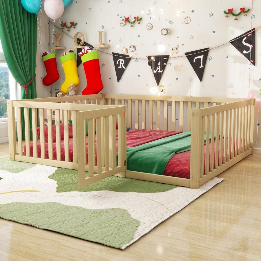 Merax Kinderbed 140 x 200 cm houten vloerbedframe met hek en deur log kleur