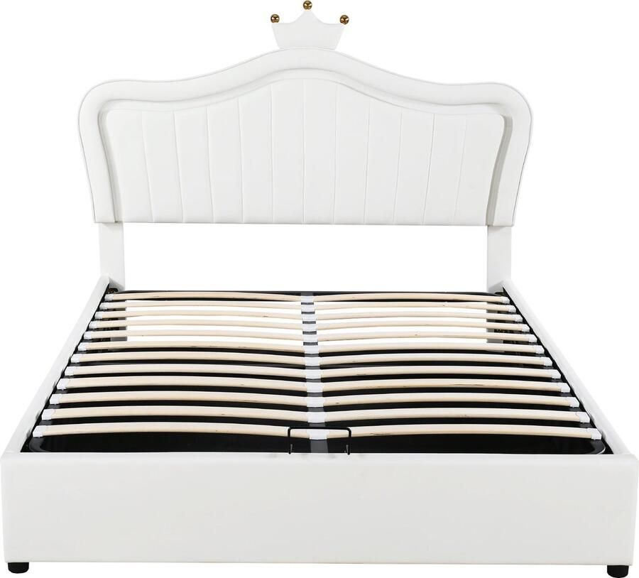 Merax Kinderbed 140x200 cm – Opklapbaar Gestoffeerd Bed met Opbergruimte LED-verlichting & Kroondesign – Wit - Foto 2