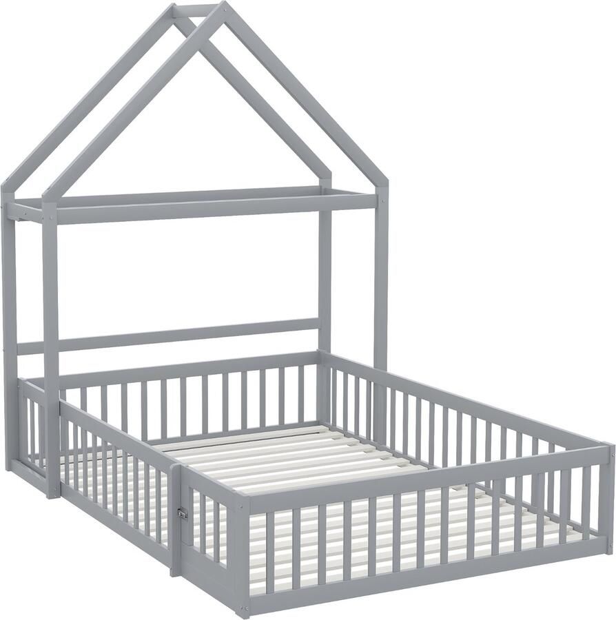 Merax Kinderbed 140 x 200 cm massief hout met opbergruimte volledig beschermd rooster en deur en lattenbodem grijs zonder matras