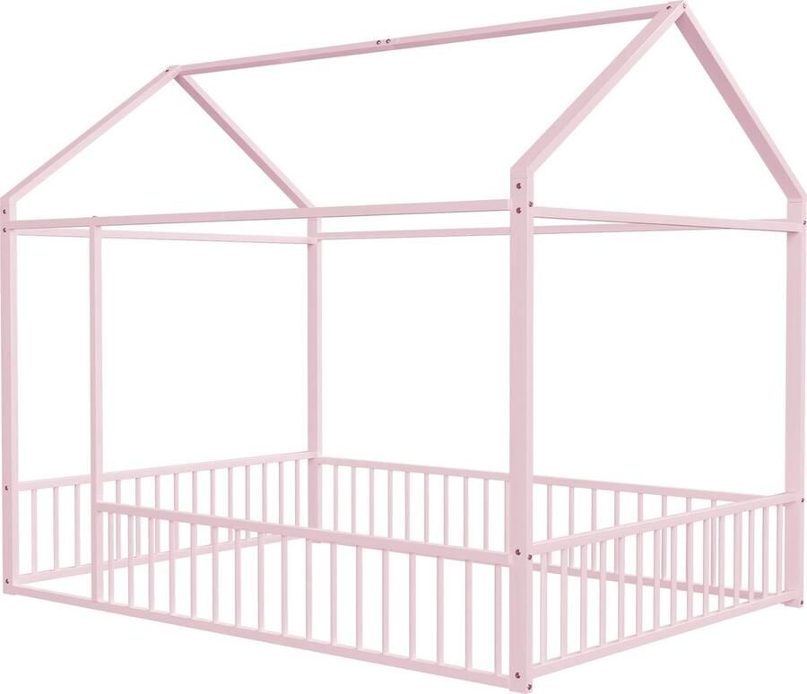Merax Kinderbed 140 x 200 cm Metalen Bed in Huisvorm met Omheining voor Kinderen Jongens en Meisjes Roze
