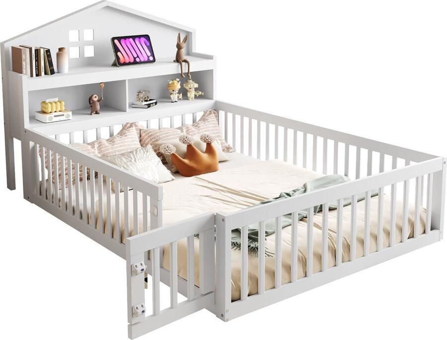 Merax Kinderbed 140×200 in Huisvorm Houten Bedframe met Opbergruimte Lattenbodem Veiligheidshek en Deur – Wit