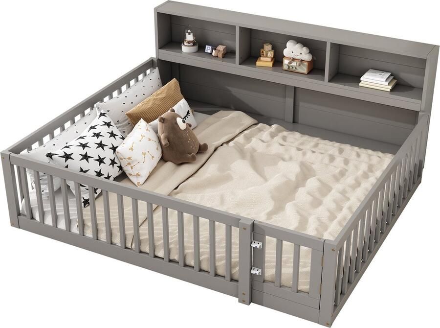 Merax Daybett 140*200cm Tagesbett Schlafsofa Bettseite mit Staufach Bett mit Lattenrost ( Ohne Matratze) Brüstung Kiefernholz Grau