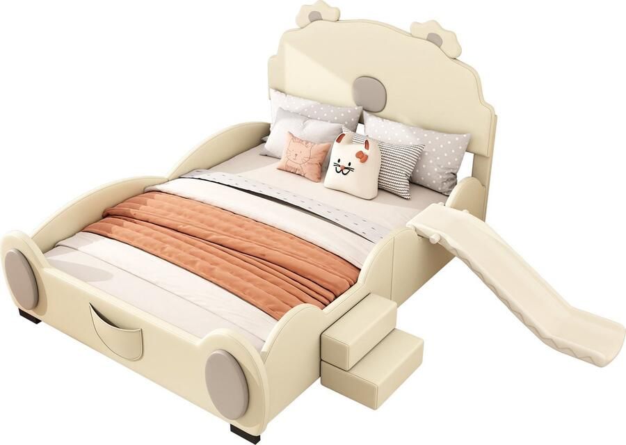 Merax Kinderbed 140x200 cm Berenbed met Rutsje en Ladder Beige Kunstleer