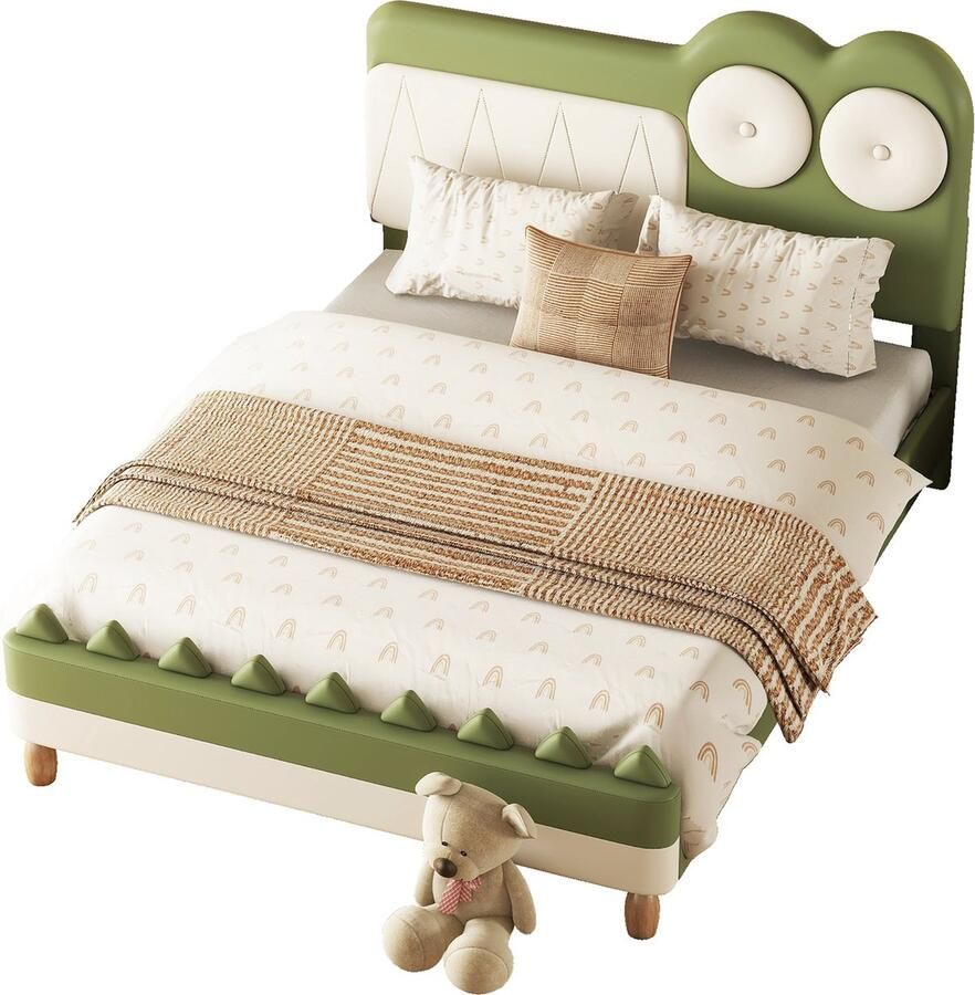 Merax Kinderbed 140x200 cm Cartoon Krokodil Design Groene PU Bekleding Inclusief Lattenbodem