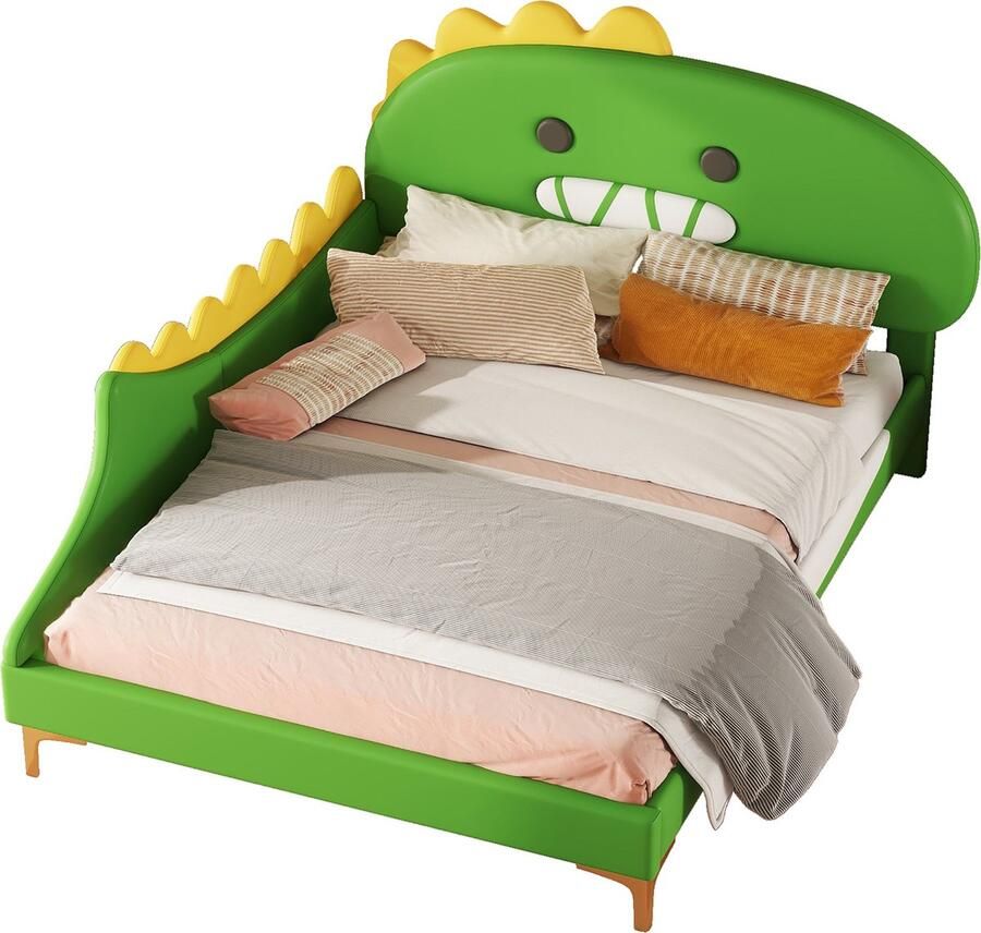 Merax Kinderbed 140x200 cm – Dinosaurus Design – Groen Kunstleer – Cartoon Tweepersoonsbed voor Kinderen