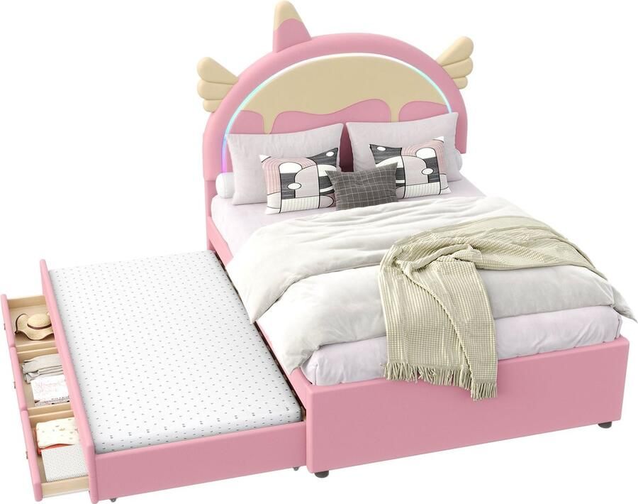 Merax Kinderbed 140x200 cm Eenhoornvormig Bed met Uittrekbaar Logeerbed Schuiflade en LED Verlichting Roze Kunstleer
