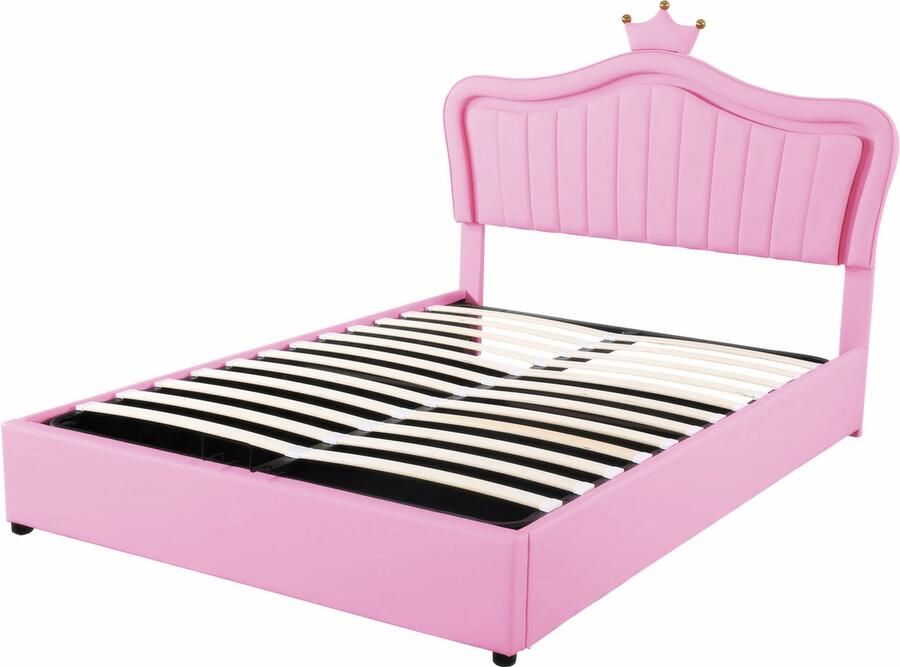 Merax Kinderbed 140x200 cm Gestoffeerd Bed met Hydraulisch Opbergsysteem Meisjesbed met Roze Kroontje en LED-Verlichting