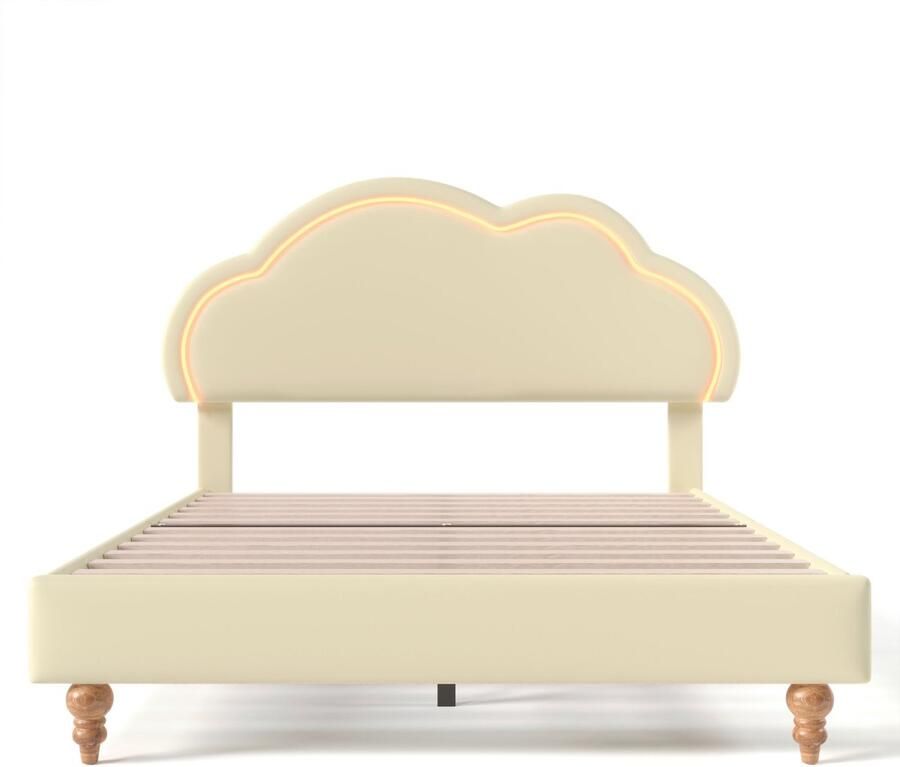 Merax Kinderbed 140x200 cm Gestoffeerd Bed met LED Verlichting PU Leren Bedframe met Verstelbaar Cloud-vormig Hoofdbord Inclusief Lattenbodem – Crème