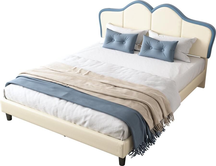 Merax Kinderbed 140x200 cm – Gestoffeerd Bed met Zacht Hoofdbord en Stabiele Poten – Retro Design Wit en Blauw