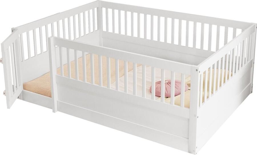 Merax Kinderbed 140x200 cm Houten Bedframe met Hekwerk en Deur Wit