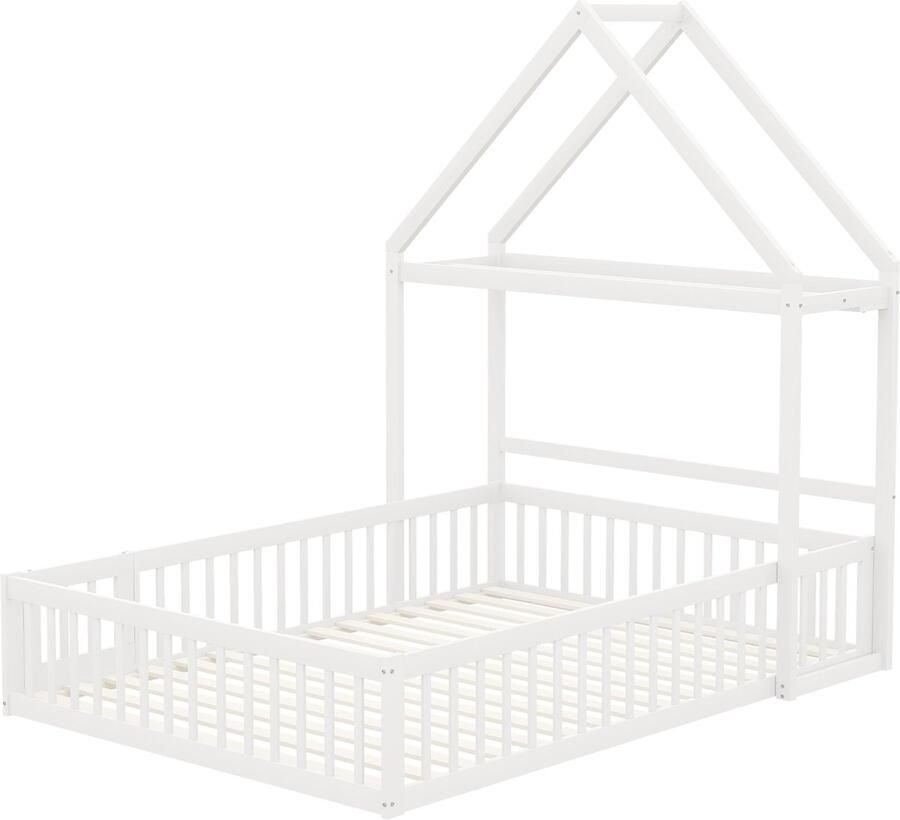 Merax Kinderbett 140 x 200 Kinderbettgestell aus Massivholz mit Stauraum Vollschutzgitter und Türen und Lattenrost weiß - Foto 2