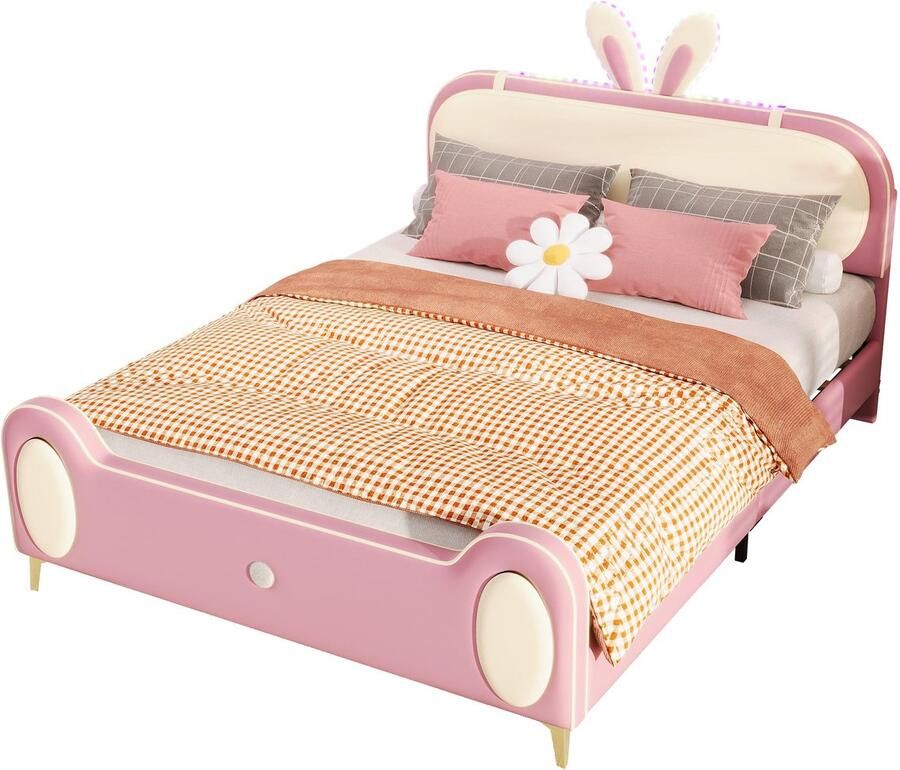 Merax Kinderbed 140x200 cm Konijnen Oren Hoofdbord LED Verlichting Kunstleer Gestoffeerd Bed Beige en Roze