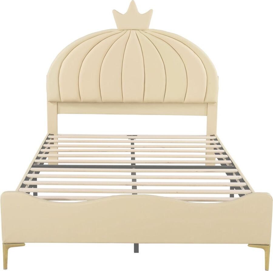 Merax Kinderbed 140x200 cm Kunstleer Gestoffeerd Tweepersoonsbed Bed met Kroon Hoofdbord Beige