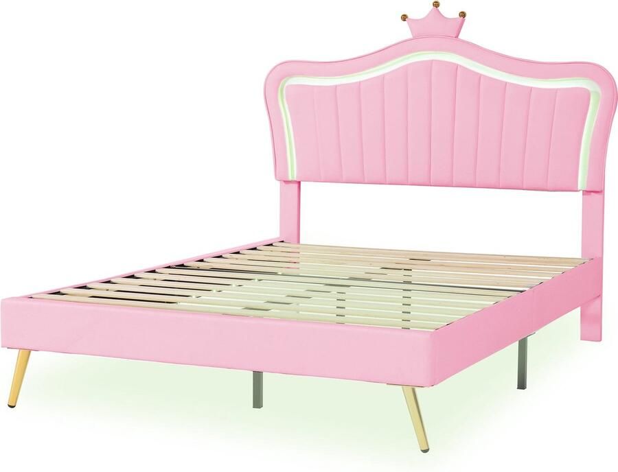 Merax Kinderbed 140x200 cm met LED Verlichting en Verstelbaar Hoofdbord – Meisjesbed in de Vorm van een Rozenkroon met Kunstleer en 4 Schuiven (Matratras Niet Inbegrepen)