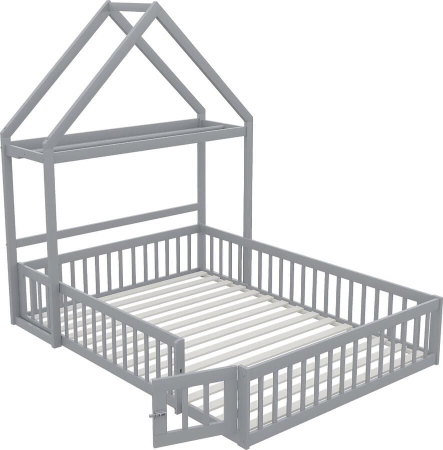 Merax Kinderbed 140x200 cm met Opbergruimte Veiligheidshek Deuren en Houten Lattenbodem Bed in Huisvorm Grijs