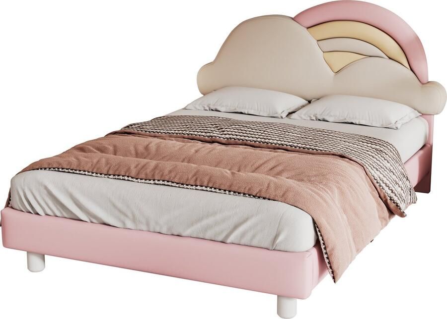 Merax Kinderbed 140x200 cm Roze Gestoffeerd Bed met Zacht Regenboog Wolken Hoofdbord Houten Lattenbodem PU