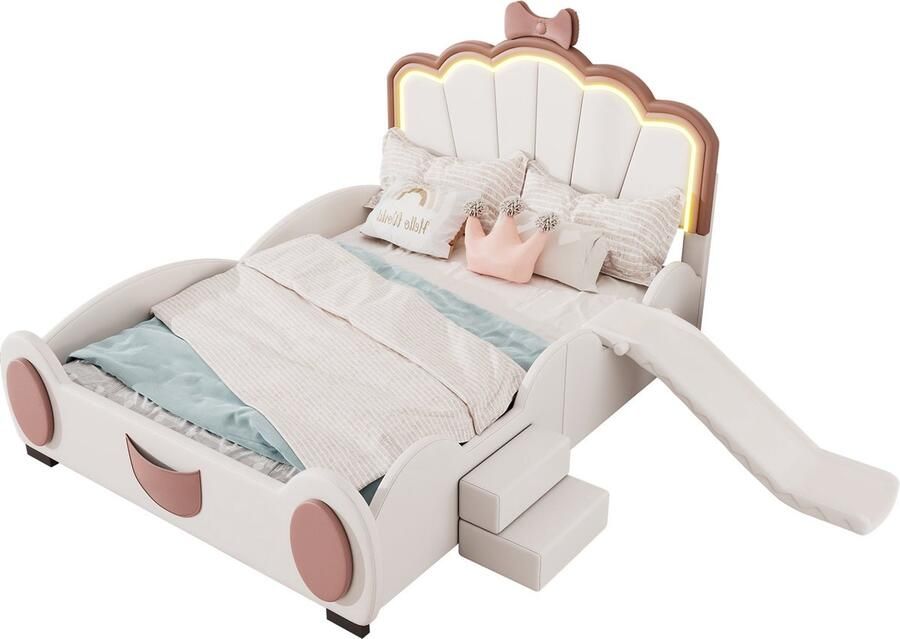 Merax Kinderbed 140x200 cm – Vlinderbed met LED Verlichting – Met Glijbaan & Ladder – Roze Wit – Huisbed voor Meisjes