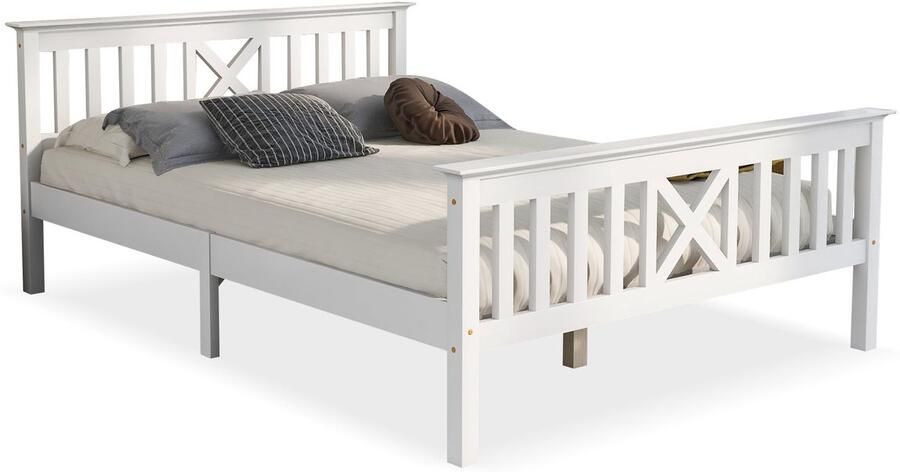 Merax Kinderbed 140x200 cm van Massief Hout met X-vormig Hoofdbord en Voeteneinde Tweepersoonsbed met Lattenbodem Wit