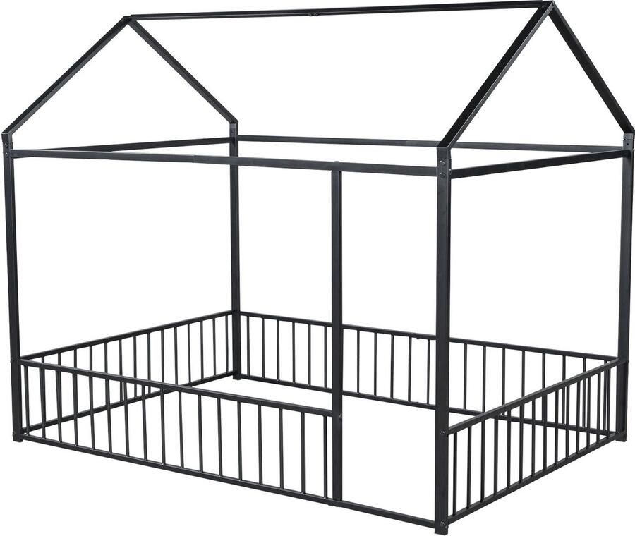 Merax Kinderbed 140x200 cm Zwart Metalen Huisbed met Dak en Veiligheidshek voor Kinderen en Tieners Slaap- en Speelbed