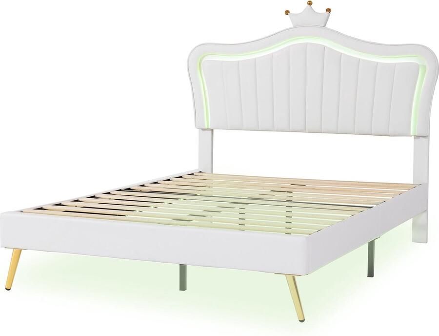 Merax [ niet compleet] Kinderbett Polsterbett 140 x 200 cm Bettgestell für Mädchen weißes Kronen-Doppelbettgestell aus PU-Leder mit LED-Leuchten Lattenrost und Rückenlehne(Matratze nicht enthaltet) - Foto 2