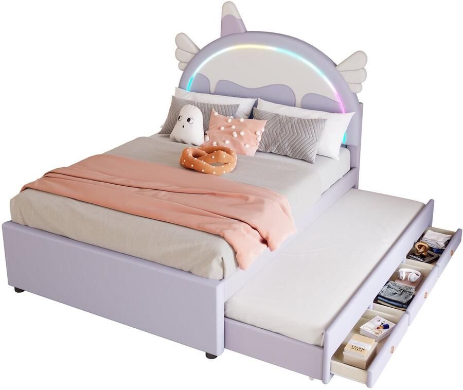 Merax Kinderbed 140x200 met Lades – Eenhoorn Bed met LED Verlichting en extra Uitschuifbaar Bed 90x190 cm – Paars Kunstleer Bedframe – Kinderkamer Unicorn Bed Meisjes