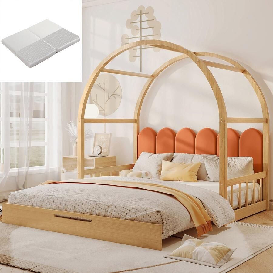 Merax Uittrekbaar Bed met Boogvormig Dak – Kinderbed Dagbed met Matras – Naturel Hout en Oranje – Verstelbaar van 140x100 cm naar 140x200 cm