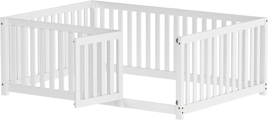 Merax Kinderbed 140x200 – Wit Houten Bed met Veiligheidshek en Deur – Montessori Bodembed zonder Lattenbodem – Zonder Matras