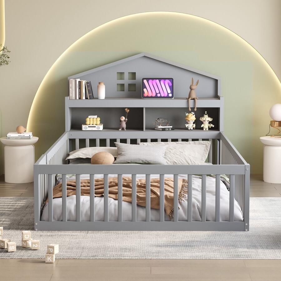 Merax Kinderbed 140x200cm met huisvormig paneel met opbergruimte met beschermhekje en deur met boekenplank grijs zonder matras