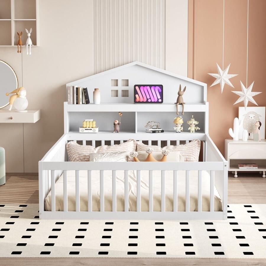 Merax Kinderbed 140x200cm met huisvormig paneel met opbergruimte met beschermhekje en deur met boekenplank wit zonder matras