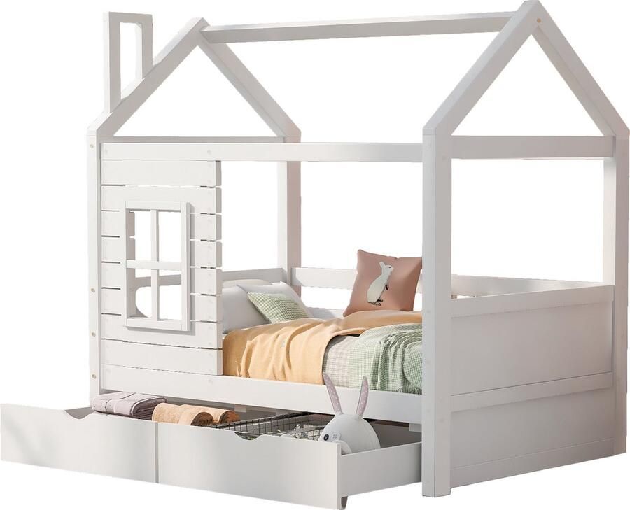 Merax Kinderbed 80x160 cm Huisbed met Dak en Raam Houten Bed met 2 Opberglades en Uitvalbeveiliging Wit