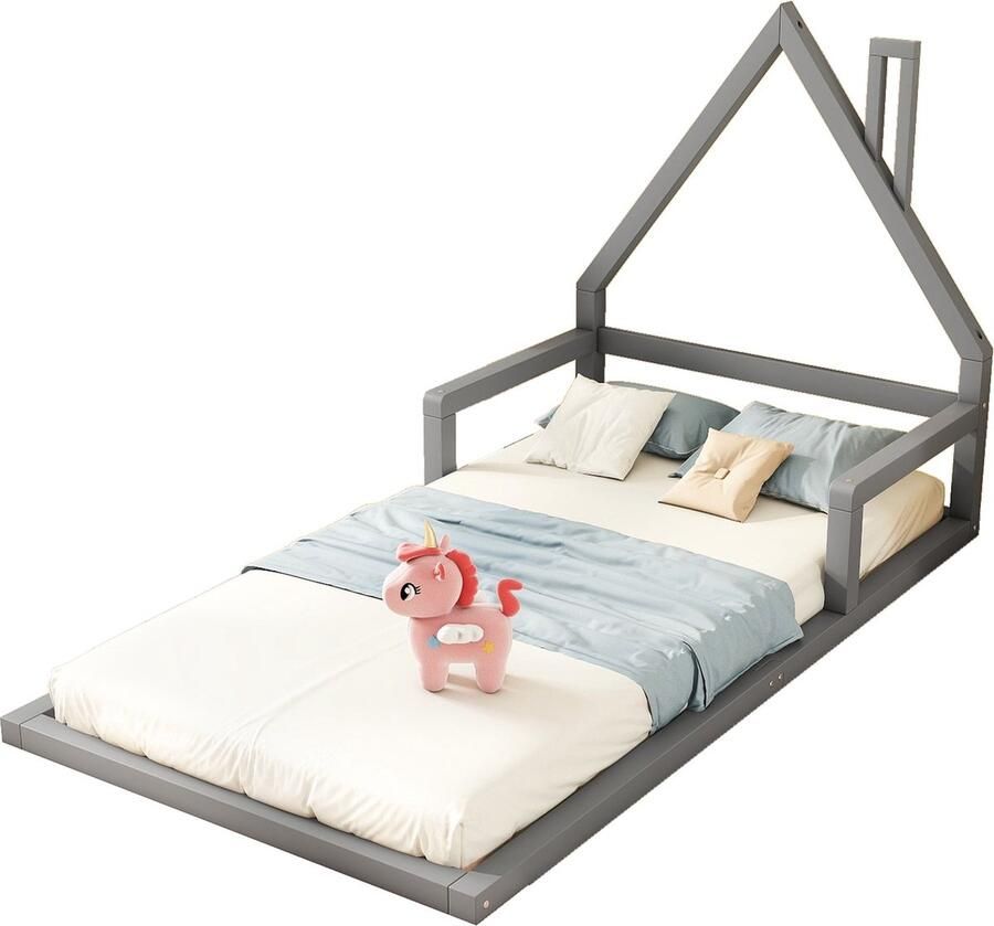 Merax Kinderbed 90 x 200 cm Fluweel Grijs Bed in Huisvorm van Massief Hout Eenvoudig en Duurzaam Ideaal voor Kinderen