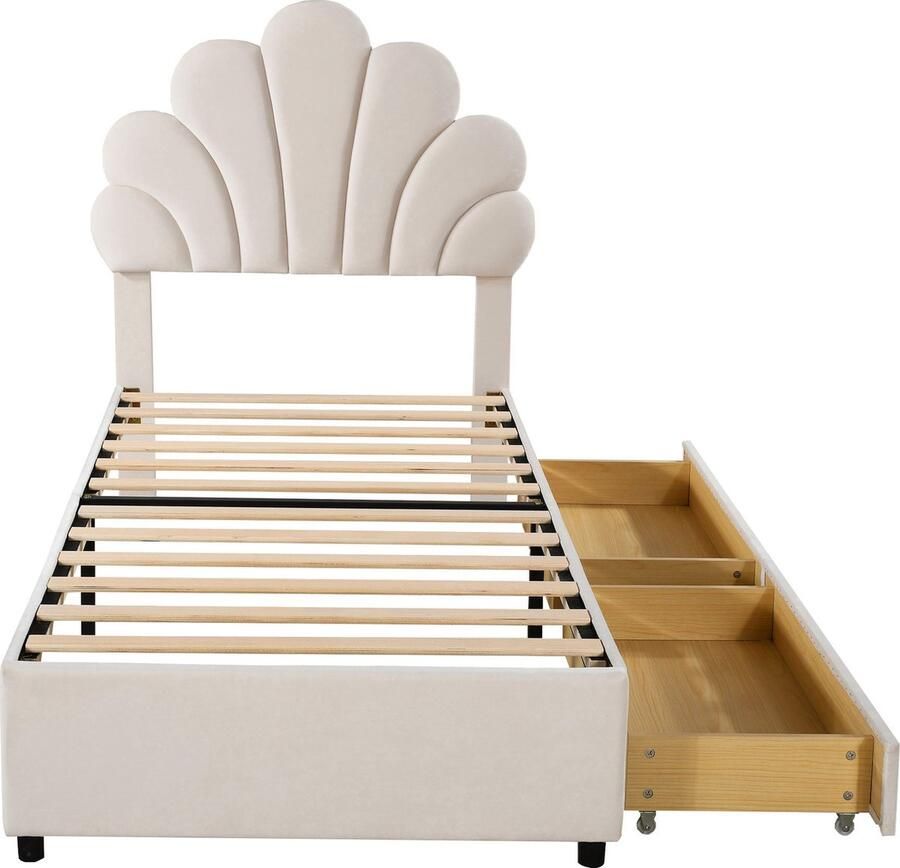 Merax Kinderbed 90 x 200 cm – Gestoffeerd Bed met Gebloemd Hoofdbord Houten Lattenbodem en 2 Opberglades – Beige