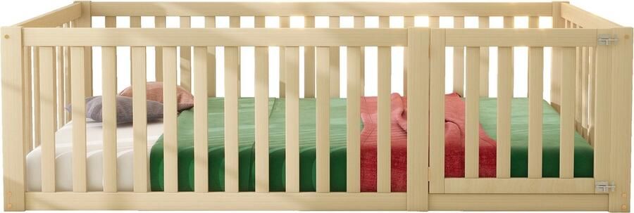 Merax Kinderbed 90 x 200 cm Holzboden Bedframe met Hek en Deur Natuurlijk Hout - Foto 3