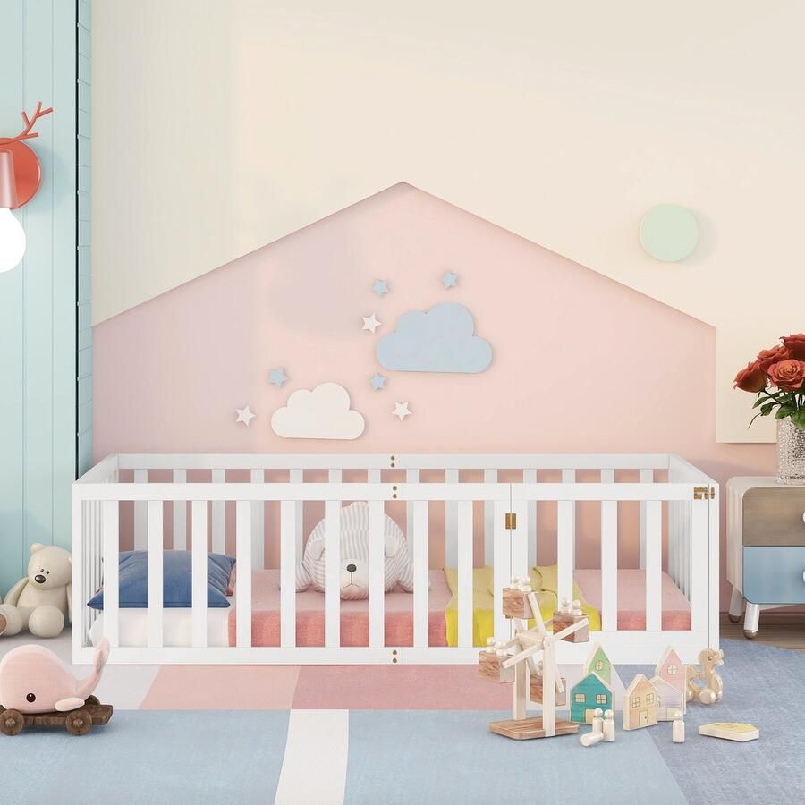 Merax Kinderbed 90 x 200 cm houten bedframe met hek en deur wit